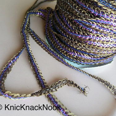 Bronze Braided Sequins Trim With Purple / Blue / Pink Sequins, Approx. 6 mm wide, Trim by 3 yards